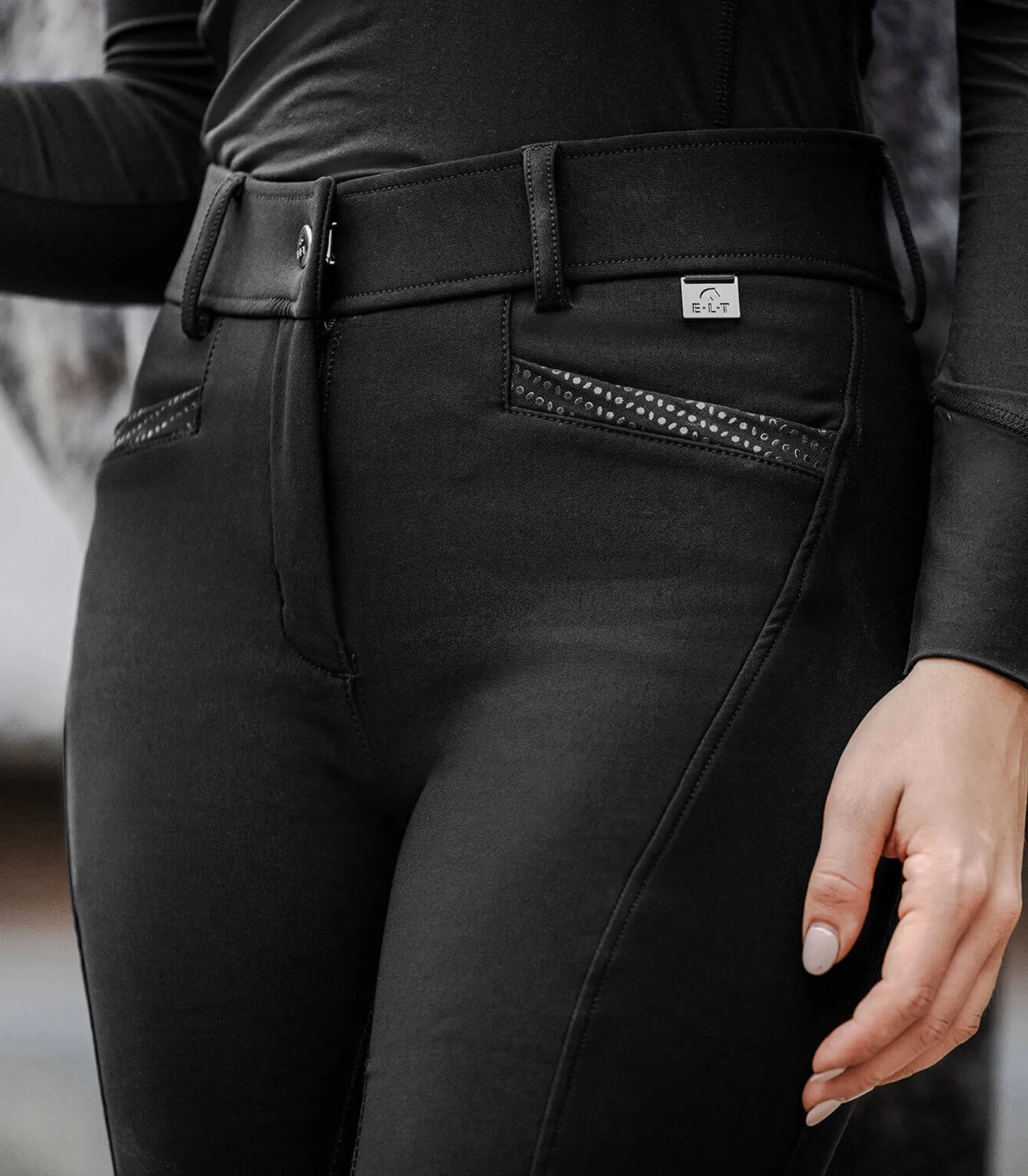 Reithose Damen Oktavia Curved High Waist, Vollbesatz, Lederbesatz, Kunstleder